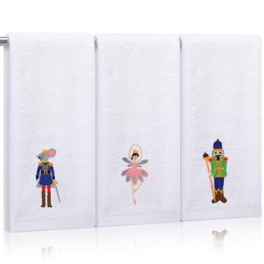 Imagem de Breling 3 peças de toalha de mão de Natal 60 x 35 centímetros toalha de banheiro bordada toalha de banho macia absorvente para Natal, inverno, férias, banheiro, decoração de casa (branco, quebra-nozes