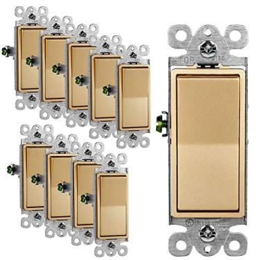 Imagem de ENERLITES Interruptor de luz decorador de 3 vias, acabamento brilhante, haste simples ou três, 3 fios, parafuso de aterramento, grau residencial, 15A 120V/277V, listado pela UL, 93150-GD-10PCS, dourado, (pacote com 10)