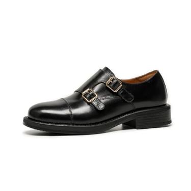Imagem de BEAU TODAY Mocassins Monk Strap, Mocassins femininos de couro, sem cadarço, mocassim de pele de bezerro encerado para negócios, vestido casual, sapatos femininos, Preto, 34