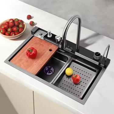 Imagem de Cuba de Cozinha, Kit Completo com Torneira Gourmet, Válvula 4.5", Dispenser, Tábua, Cestos, Esguicho de Copos, Estilo Americano, 50x25cm (Cinza Escuro)