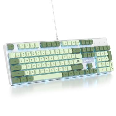 Imagem de Owpkeenthy Teclado mecânico para jogos de tamanho completo verde com teclado numérico, teclado 100% Office NKRO RGB retroiluminado 104 teclas com interruptor vermelho para PC Gamer (104 Matcha)