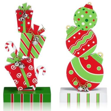 Imagem de Amyhill 2 peças de decorações de mesa de Natal de 14 cm de mesa de centro de mesa de madeira vermelha verde caixa de presente e enfeites de bola forma de placas de Natal com sinos para prateleira de