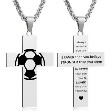 Imagem de Colar masculino com cruz de futebol, versículo bíblico, pingente, presente para aniversário, Natal, batismo, religioso, acessórios de futebol, presentes, Small, Aço inoxidável, Sem Pedra Preciosa
