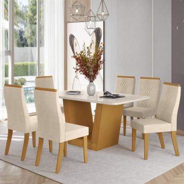 Imagem de Mesa Viena 160cm X 90cm Tampo Mdf Vidro 6 Cadeiras Luna Marrom /Bege