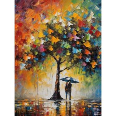 Imagem de YEEIFFD Paisagem abstrata textura arco-íris árvores guarda-chuva abraça casal 5D arte diamante adulto, kit de pintura de arte de diamante DIY para decoração de tela 30,5 x 40,6 cm