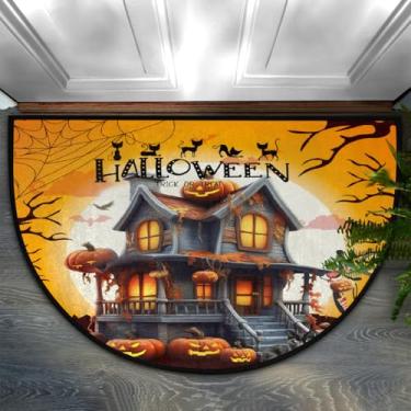 Imagem de Halloween Engraçado Castelo de Abóbora Meio Tapete de Porta Redondo, Antiderrapante, Entrada para Interior, Semircírculo, Banheiro, Tapetes Externos, Capacho Resistente para Cozinha, Sala de Estar 91