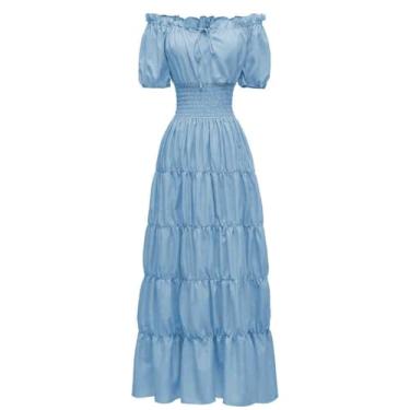 Imagem de Zwirelz Fantasia renascentista feminina medieval chemise vestido camponês tops irlandeses sob vestido maxi camadas longo Cottagecore vestidos (azul claro, médio)