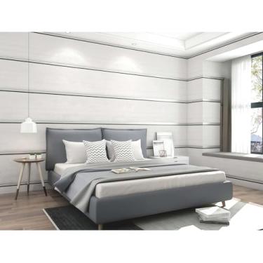 Imagem de Papel de parede moderno de veludo de pele de veado padrão de grão de madeira não tecido não autoadesivo listras verticais 3D nova versão (papel de parede bege A27050)