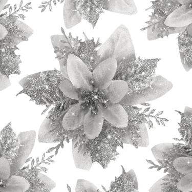 Imagem de Drewev 24 peças de flores artificiais de poinsétia prateada, decorações de flores de Natal com clipes e hastes, enfeites de árvore de Natal com glitter com grinalda de Natal faça você mesmo, decoração