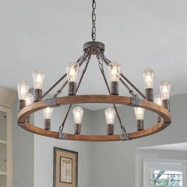 Imagem de Benkut Lustre de roda Farmhouse Wagon 78,7 cm preto rústico lustre redondo de madeira de 12 luzes para sala de jantar, sala de estar, entrada