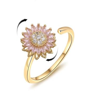 Imagem de bike8 Girassol Fidget Ring for Women Non Manchish Spinner Sunflowe Humor Anéis para Ansiedade Aberto Ajustável Alívio de Estresse Joias Presente, Cobre, Sem pedra preciosa