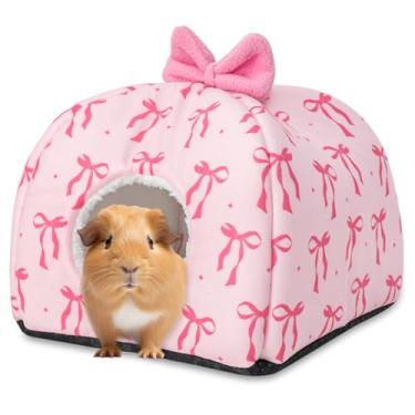 Imagem de JarThenaAMCS Cama lavável para casa de porquinho-da-índia com laço rosa, acessórios de gaiola de esconderijo de coelho, refúgio reutilizável para furão, ouriço, animal pequeno, 23 x 23 x 20 cm