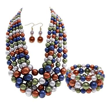 Imagem de MeliMe Colares femininos Faux Big Pearl Srand com 5 camadas de colar de pérolas e brincos conjunto de brincos e bijuterias de pérolas dos anos 1920 para presente de casamento, Adjustable, Zinco,