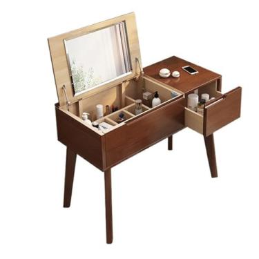 Imagem de Escrivaninha de penteadeira Penteadeira pequena, penteadeira de maquiagem com espelho flip top, mesa madeira gaveta(Brown)
