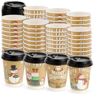 Imagem de Ovveroche 100 peças de copos de papel de café de Natal com tampas, papel kraft de 355 ml, copos de chocolate quente de cacau para Natal, inverno, férias, festas, suprimentos marrom