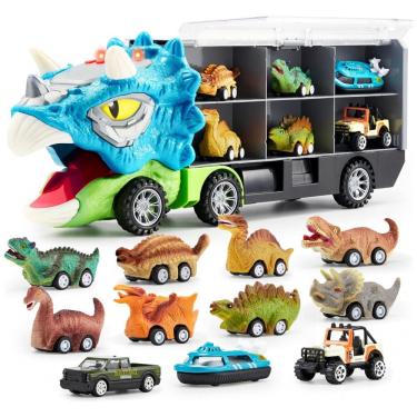 Imagem de Brinquedo de Dinossauro JOYIN 13 em 1 para Crianças 3-5 anos, Caminhão Triceraptor com 12 Carros de Tração, Presente de Aniversário para