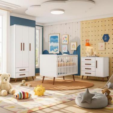 Imagem de Quarto de Bebê Completo Retrô com Berço, Cômoda e Guarda Roupa Com Pés