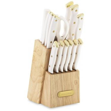 Imagem de Conjunto de Facas em Aço Inoxidável com Bloco de Bancada em Madeira, 15 Peças, Farberware, Branco e Dourado