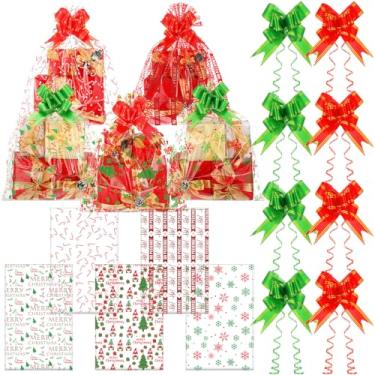 Imagem de Threehoney 50 sacos de embrulho de celofane de Natal com 50 laços de puxar 43 x 50 cm de espessura, vermelho, verde, sacos de presente transparentes de Natal para cesta, embalagem grande de plástico