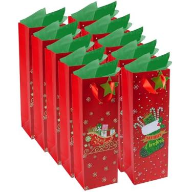 Imagem de RACHELLE'S Sacos de vinho de Natal – 35,56 x 12,7 x 10,2 cm (pacote com 10) – Sacos de presente de papel resistente com papel de seda, etiqueta e alça – Design de trenó e meia – Perfeito para