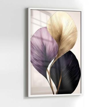 Imagem de Quadro Decorativo com Moldura e Acrilico Cristal Vidro Planta Floral Moderna Roxo bege Sala Quarto Hall