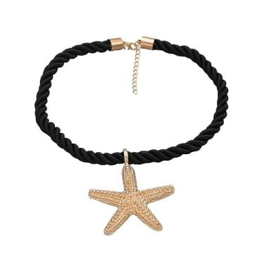 Imagem de Colar Estrela do Mar Dourado Pingente Max Pescoço Fecho- Corda Náutica Preto Grande Texturizado Sereia-Presente Amiga Namorada Praiano Viagem Praia Verão