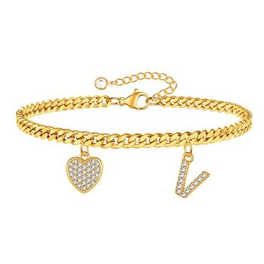 Imagem de Tornozeleiras de tornozelo cubanas com inicial de borboleta de coração dourado banhado a ouro 14K com inicial pingente de ouro para mulheres, corrente cubana, corrente cubana, inicial, coração,