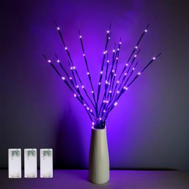 Imagem de 3 peças, 60 luzes de LED com temporizador, operadas por bateria, ramos de salgueiro artificial de 76 cm com vaso de luzes de fadas, varas decorativas, iluminação ambiente de Halloween para festa em