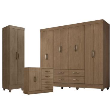 Imagem de Guarda Roupa Casal Porto com Cômoda 4 Gavetas 2 Portas e Armário Multiuso Lite Carvalho Oak – Leão