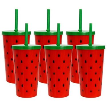 Imagem de Kit Copo Fruta Decorativo Melancia Tampa E Canudo 600ml Lembrancinha Festa Magali Refrigerante Suco (06)