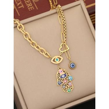 Imagem de Colar com pingente de mão Hamsa gotejamento de óleo com borla, banhado a ouro, corrente de clavícula, coração vazado, colares, estilo étnico, moda, joia feminina, presente de festa de aniversário para