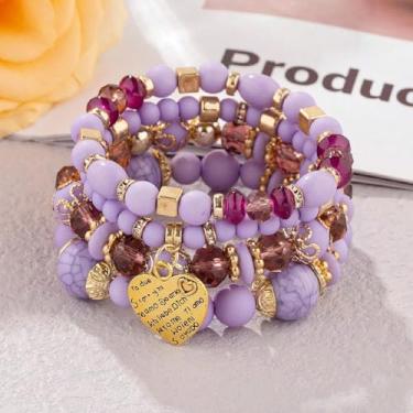 Imagem de Conjunto de pulseiras elásticas estilo boho para mulheres, com acrílico e liga metálica, Medium, Acrílico, Sem Pedra Preciosa