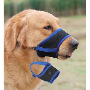 Imagem de Focinheira para cães, capa de boca respirável com gancho e laço ajustáveis para respirar malha respirável focinheira para cães de tamanho médio e grande (azul, GG)