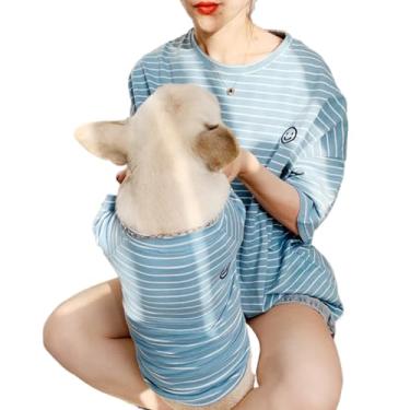 Imagem de Camisas para cães pequenos, roupas 100% algodão para meninas e meninos, roupas listradas de buldogue francês, combinando cão e dono vendidos separadamente (azul, dono-G)