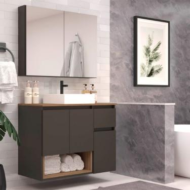 Imagem de Conjunto de Gabinete Suspenso com Cuba e Armário de Banheiro Aurora 5 Portas 1 Gaveta Mel e Grafite