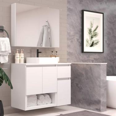 Imagem de Conjunto de Gabinete Suspenso com Cuba e Armário de Banheiro Aurora 5 Portas 1 Gaveta Branco