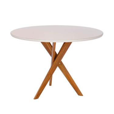 Imagem de Mesa de Jantar Redonda com Tampo de Vidro Cacau Off White e Madeira 109 cm