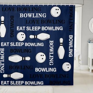 Imagem de Cortina de chuveiro para meninos de boliche, cortina de banheiro de atleta de boliche, tema esportivo para crianças, adolescentes, homens, impermeável, tecido de secagem rápida, moderno, azul marinho