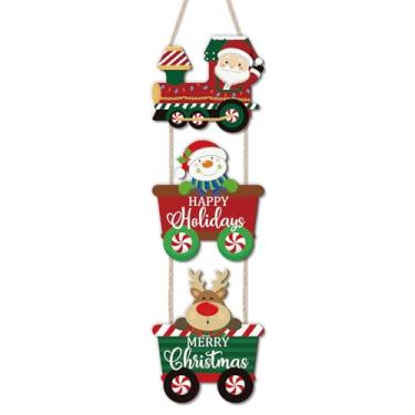 Imagem de HOURIA 3 peças de decoração de porta de Feliz Natal vintage (19,8 cm x 63,2 cm), placa de madeira de Papai Noel, rena, Natal, guirlanda de Natal, decorações de boas-vindas para festa, porta da frente