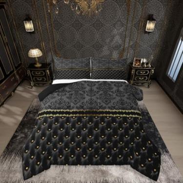 Imagem de jejeloiu Conjunto de edredom damasco para todas as estações, estampa floral, conjunto de cama com 2 fronhas, microfibra jacquard, roupa de cama casal, boêmia, damasco, decoração de quarto, edredom