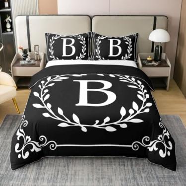 Imagem de Conjunto de cama Queen com letra B em preto e branco, presentes personalizados para mulheres e homens, folhas florais boho, 100% algodão, ramos minimalistas, conjunto de cama com 2 fronhas
