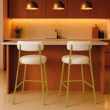 Imagem de Banqueta Cozinha Média Com Encosto Industrial Dourado Kit 2 Londres Pu D03 - D'rossi Cor Branco