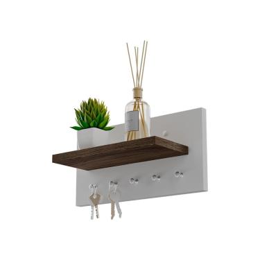 Imagem de Porta Chaves Minimalista de Parede com 5 pinos Branco e Nogal
