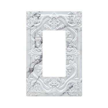 Imagem de Sghxwp Capas de tomada decorativas, textura de mármore cinza, 3D, floral, em relevo, 1 interruptor de luz de balancim, placa de parede para decoração de quarto, decoração de casa