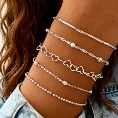Imagem de Conjunto de pulseiras empilháveis de prata para mulheres, pulseira delicada de corrente de coração, pulseira de elos empilháveis, One Size, Metal, Sem Pedra Preciosa