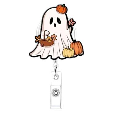 Imagem de Carretel de crachá de Halloween fofo fantasma abóbora retrátil com clipe jacaré flor engraçada crachá acrílico para crachá de identificação para enfermeira médica trabalhadora de escritório decoração