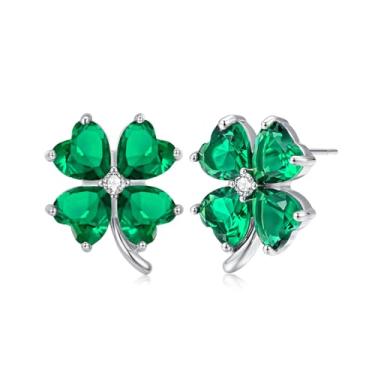Imagem de VONSSY Colar de trevo de quatro folhas, brincos de trevo irlandês ST Patricks conjunto de joias presente banhado a ouro 18 k verde esmeralda zircão diamante cristal pingente de santo da sorte para