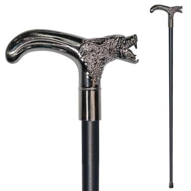 Imagem de YIVIYAR Bengala de caminhada para homens, mulheres e idosos – 91 cm, resistente, capacidade de mais de 500 libras, alça ergonômica de lobo, design decorativo e ornamentado, arte gótica e gótica