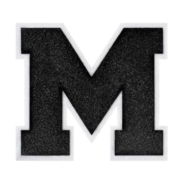 Imagem de 1 peça de patch de letra de chenille preto de 11,4 cm com borda branca – Remendos do alfabeto para roupas, jaquetas, mochilas, chapéus para decoração personalizada, nome personalizado e artesanato. (M