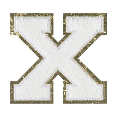 Imagem de 1 Patch de letra de chenille de ferro branco de 11,4 cm com borda dourada – Remendos do alfabeto para roupas, jaquetas, mochilas, chapéus para decoração personalizada, nome personalizado e artesanato